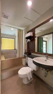 攀瓦海滩Baan Panwa Resort的一间带卫生间、水槽和镜子的浴室