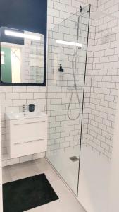 姆瓦瓦Apartament Mariacka的带淋浴和盥洗盆的白色浴室