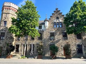 巴特诺因阿尔-阿尔韦勒Boutiquehotel Burg Adenbach & Alter Weinbau的一座古老的石头建筑,前面有一棵树