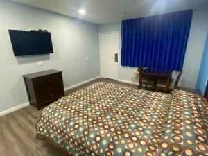 科斯塔梅萨Star Inn Motel的一间卧室配有一张床、一张书桌和一台电视