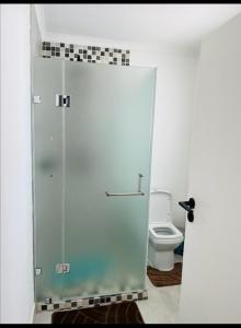 哈博罗内Comfy Zone Apartment的浴室设有玻璃淋浴间和卫生间