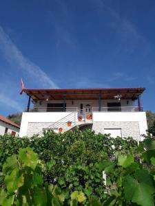 培拉特Villa Rexho的灌木丛后面的白色房屋,有红色屋顶