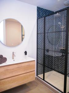 Wirdum‘t Wirdummer Hof - family-friendly guesthouse的带淋浴、水槽和镜子的浴室