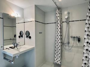 多维尔Hotel Le Patio - Deauville的一间带水槽和淋浴的浴室
