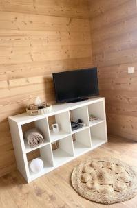 梅塔比耶Appartement cosy的客厅设有木墙,配有电视