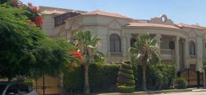 开罗Super luxurious villa with large landscape areas的一座棕榈树大房子前面