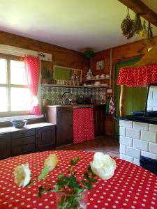 弗沃达瓦Wiedźminowo的厨房配有一张桌子和红色和白色的波尔卡圆桌布