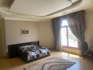 开罗Super luxurious villa with large landscape areas的一间卧室设有一张床和一个大窗户