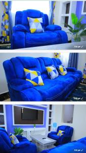 Langata RongaiSpringstone apartment Room 11的客厅设有蓝色沙发、枕头和电视