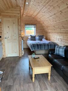 KeltyPond View Pod 3 With Private Hot Tub - Pet Friendly -Fife - Loch Leven - Lomond Hills的客房设有床、沙发和桌子。