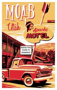 摩押Apache Motel的停在汽车旅馆前的旧广告