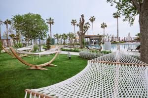 埃尔代克Parmos Otel的游泳池旁的草地上设有吊床的公园