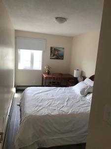 坎莫尔unit #302 Mountain view 2 beds in DT的一间卧室配有一张床、一张书桌和一个窗户。