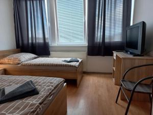 普雷绍夫Penzión Tina的小房间设有两张床和电视