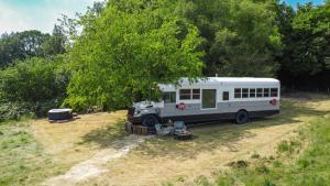 阿克菲尔德American School Bus Retreat with Hot Tub in Sussex Meadow的停在树下田野上的公共汽车
