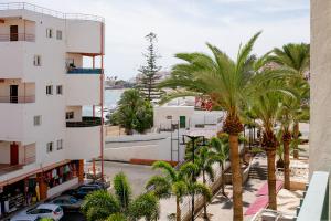 洛斯克里斯蒂亚诺斯Apartment Carmen Sunrise, Los Cristianos的享有棕榈树城市和建筑的正面景色
