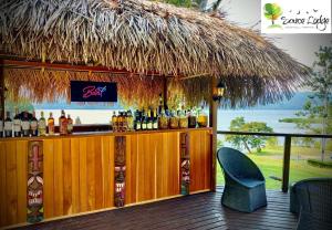 SauceSauce Lodge - Laguna Azul的甲板上带草屋顶的酒吧