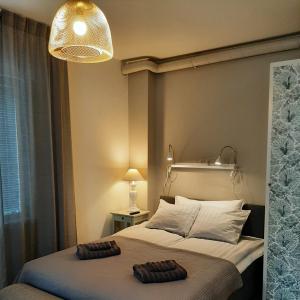 哥德堡Villa Kungssten的一间卧室配有一张大床和安得灯