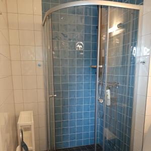 哥德堡Villa Kungssten的浴室设有蓝色瓷砖淋浴。