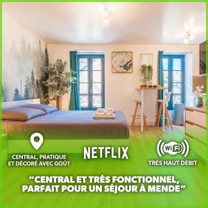 芒德Le CosyGreen - Central/Netflix/Wifi Fibre - Séjour Lozère的一间卧室配有一张床和一张书桌