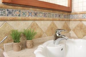 圣波拉Apartamento Bahía的浴室设有水槽和两盆植物