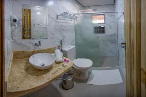 沙帕达-杜斯吉马朗伊斯Pousada Vento Sul的一间带水槽、卫生间和淋浴的浴室