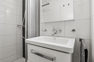 温特图尔City Center-Twin Bed-Coffee-Workplace-Washer的浴室配有白色水槽和淋浴。
