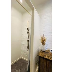 哥本哈根ApartmentInCopenhagen Apartment 1541的浴室拥有白色的墙壁和淋浴间。
