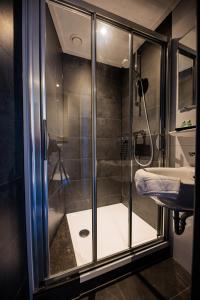埃因霍温Hotel Auberge Nassau的一个带水槽的玻璃淋浴间