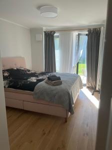 ĶesterciemsPiejūras apartaments的一间卧室设有一张床和一个大窗户