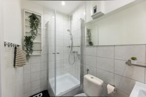 汉堡The Harbour Apartment 2的带淋浴和卫生间的白色浴室