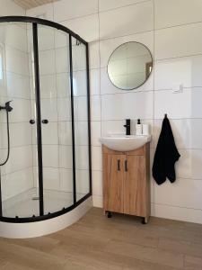 尼彻兹PoProstuDomki的带淋浴、盥洗盆和镜子的浴室
