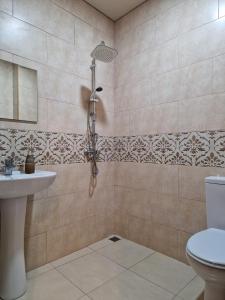 科布列季New House Kobuleti 2的带淋浴、卫生间和盥洗盆的浴室