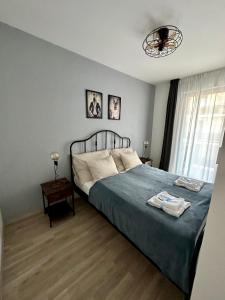 布达佩斯Cityscape Apartment ~ AC/Indoor parking/Balcony的一间卧室配有一张带蓝色毯子的大床