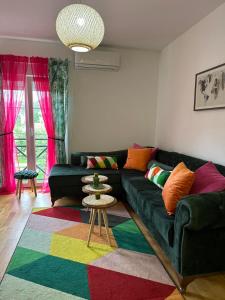 采蒂涅Apartman AURORA CETINJE的客厅配有绿色沙发和色彩缤纷的地毯