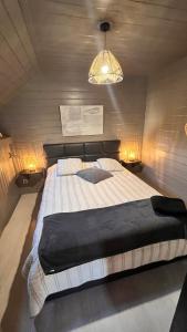 雷杜Gîte Libre’Air的一间卧室配有一张带吊灯的大床