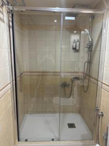沃尼扎SeaFront Stone Suites的浴室里设有玻璃门淋浴