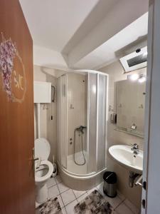 斯塔里格勒Residence Bella的带淋浴、卫生间和盥洗盆的浴室