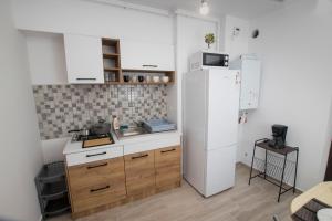 布加勒斯特Studio Moghioros rezidence 2的厨房配有白色冰箱和木制橱柜。