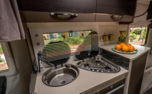 瓦伦西亚Caravana Rustic Escapes的厨房配有水槽和一碗水果