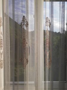 GordiHouse at the Forest / სახლი ტყის პირას的窗户配有白色窗帘,享有美景