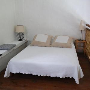 埃加利埃Mas Grimaud - Gîte- Studio et chambres d'hôtes familiales的客房内的一张带两个枕头的白色床