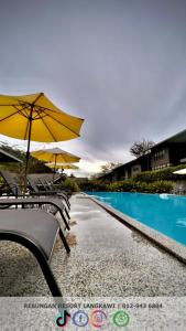 瓜埠Rebungan Resort Langkawi的游泳池旁一排带遮阳伞的椅子