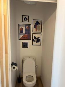 瑞米耶日Chez Mimi, la route des fruits的浴室设有卫生间,墙上挂有图片