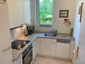 岑平Apartment Helena的厨房配有白色橱柜、水槽和窗户。