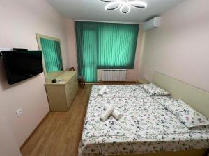 大特尔诺沃Апартамент за гости ТРАПЕЗИЦА МАК的一间卧室配有一张床、梳妆台和电视。
