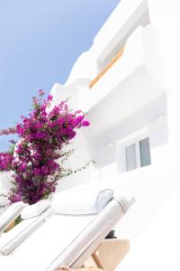 卡马利Cavo Bianco Boutique Hotel & Spa的白色的建筑,阳台上有紫色的花朵