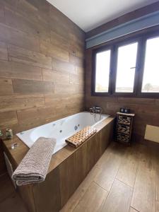 蒂纳霍芬卡玛丽莎酒店的带浴缸和木墙的大浴室
