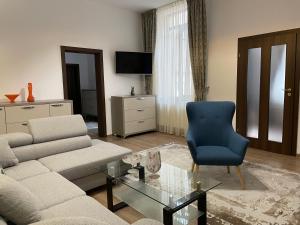 德瓦Burebista Residence的带沙发和蓝椅的客厅