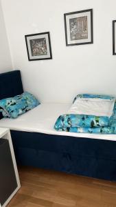 乌尔姆Zimmer mit eigenem Bad的一张带蓝色和白色棉被的床和两个枕头